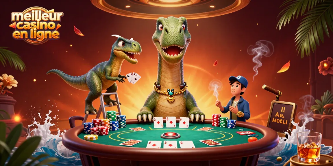 Visualisez le meilleur casino en ligne avec un brontosaurus intrépide et un raptor distribuant des cartes.