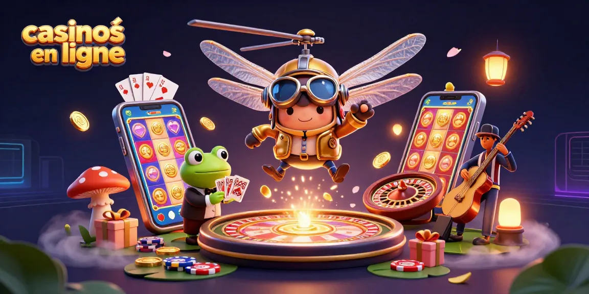 Profitez des casinos en ligne avec un pilote de libellule et un croupier grenouille animés.