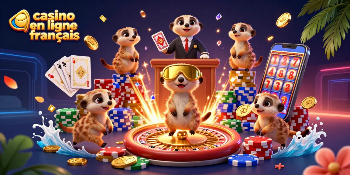 Les meerkats gèrent un casino en ligne français dynamique avec des jetons et un rouleau de la roulette.