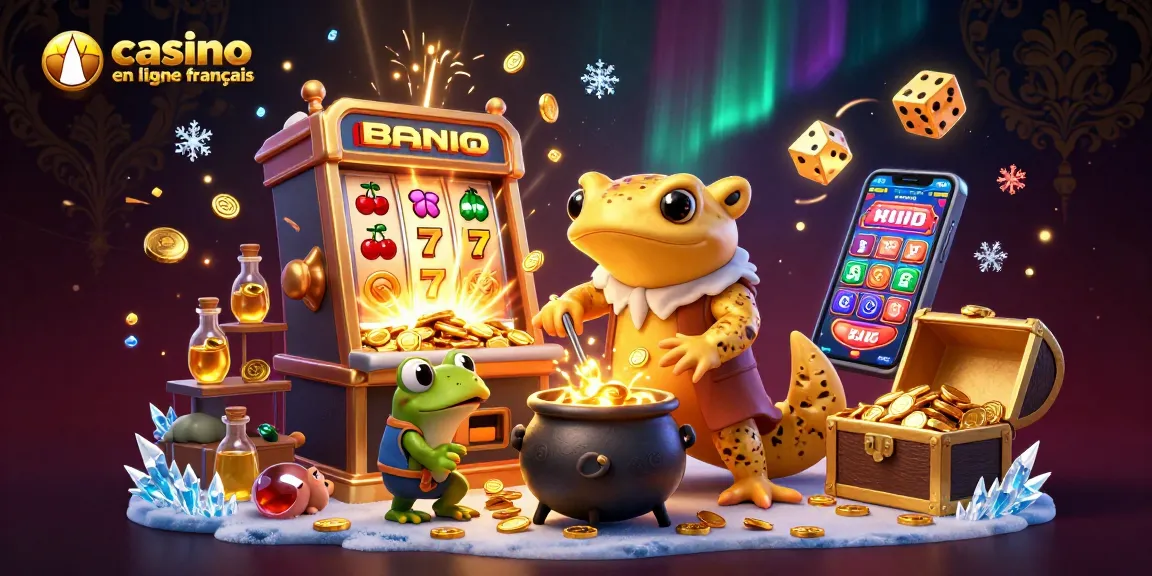 Illustration vibrante représentant un casino en ligne français avec des personnages fantastiques.