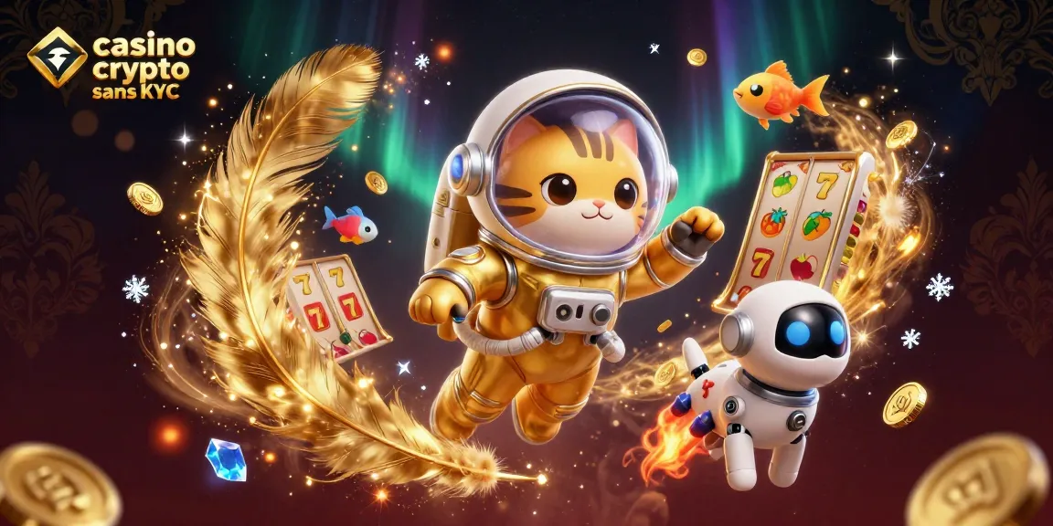 Illustration vibrante de casino crypto sans KYC avec un chat astronaute dans l'espace et des éléments de jeux