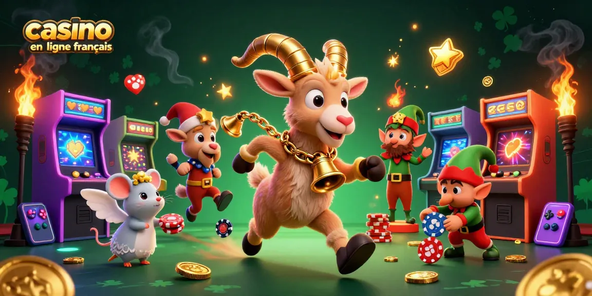 Illustration animée de casino en ligne français avec Krampus, une souris ange, et des gremlins elfes volant des jetons de poker.