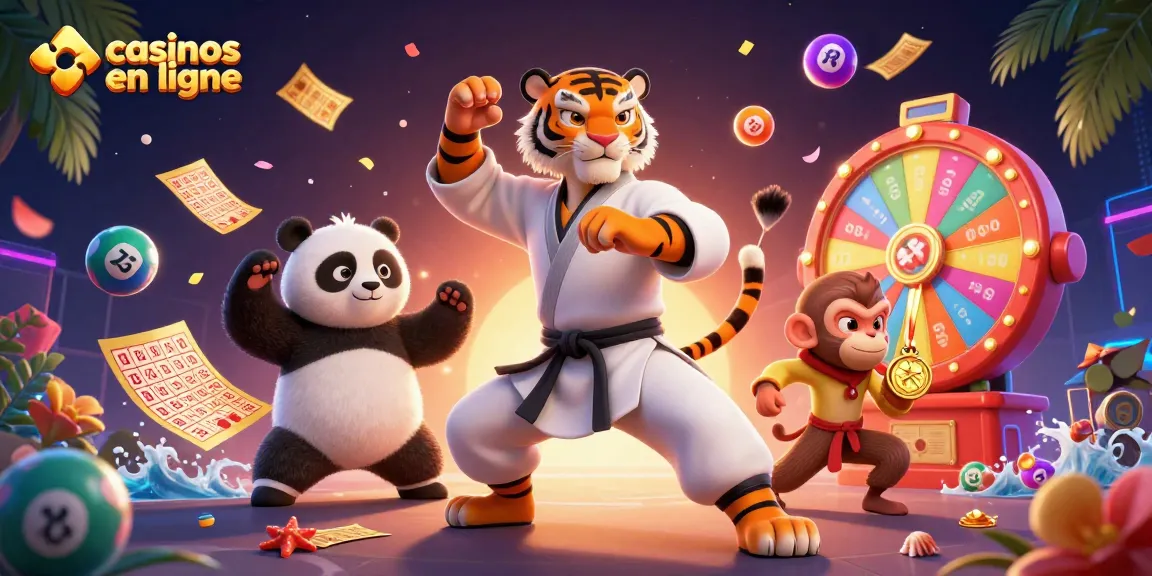 Visualisez l'action des casinos en ligne avec un tigre, un panda et un singe entourés d'éléments de jeu colorés.
