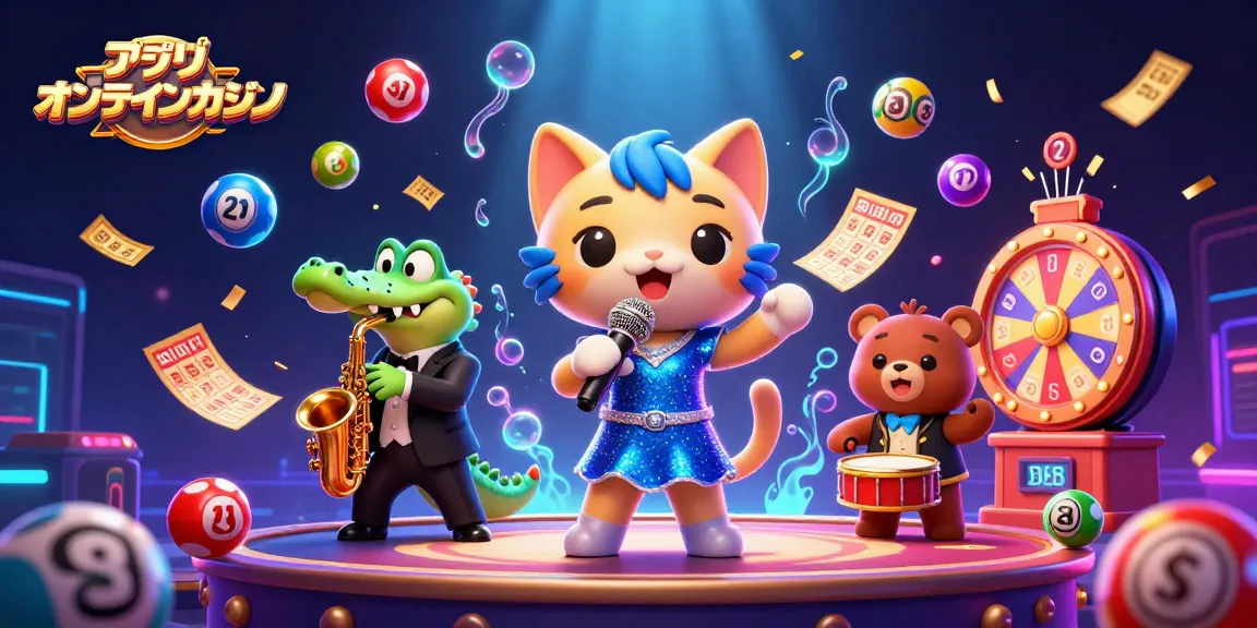 アプリ オンラインカジノの楽しいシーンで、キャラクター達が盛り上がっているイラスト