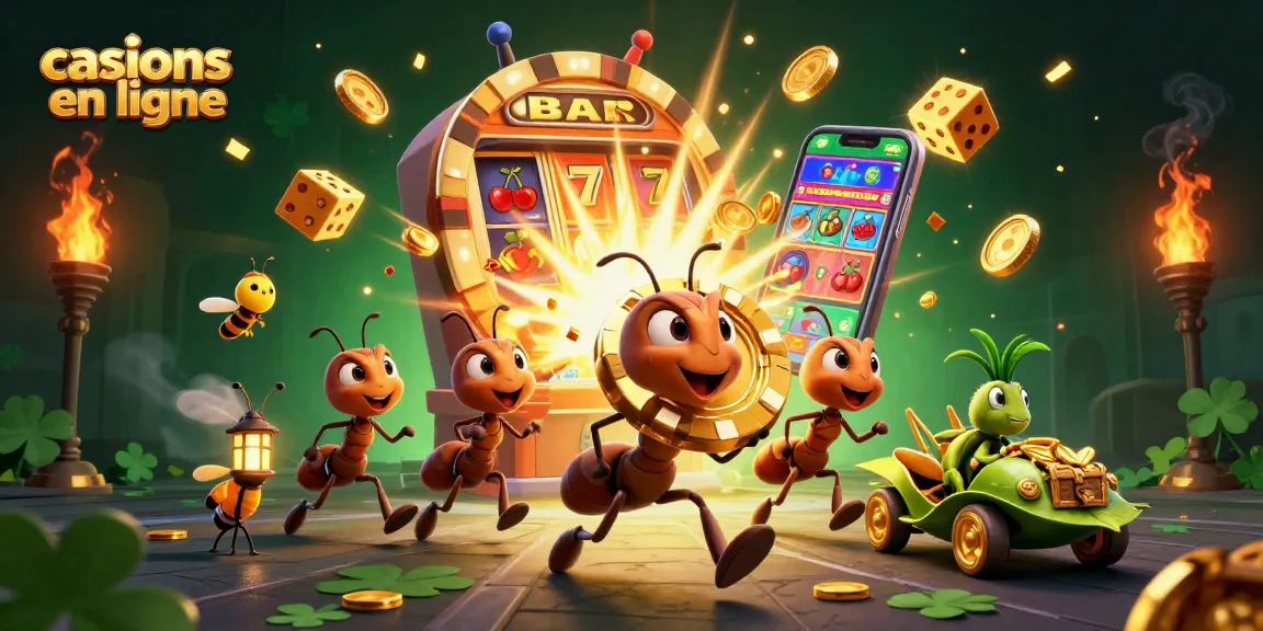 Les casinos en ligne prennent vie avec une équipe de fourmis transportant un jeton de poker doré.