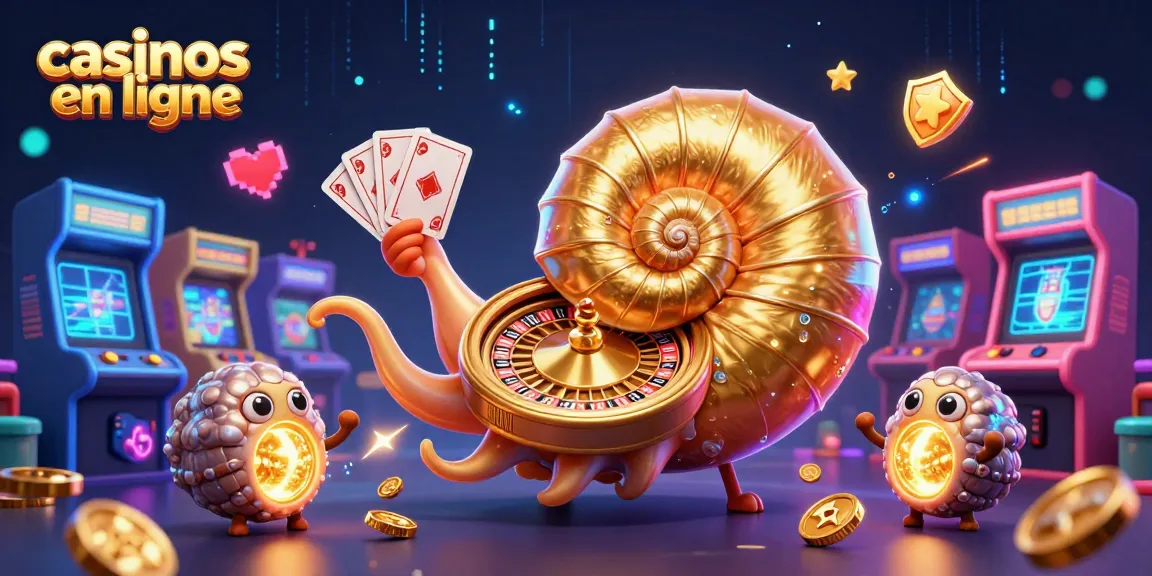 Illustrez les casinos en ligne avec une pieuvre géante jouant aux cartes et des machines arcade lumineuses.