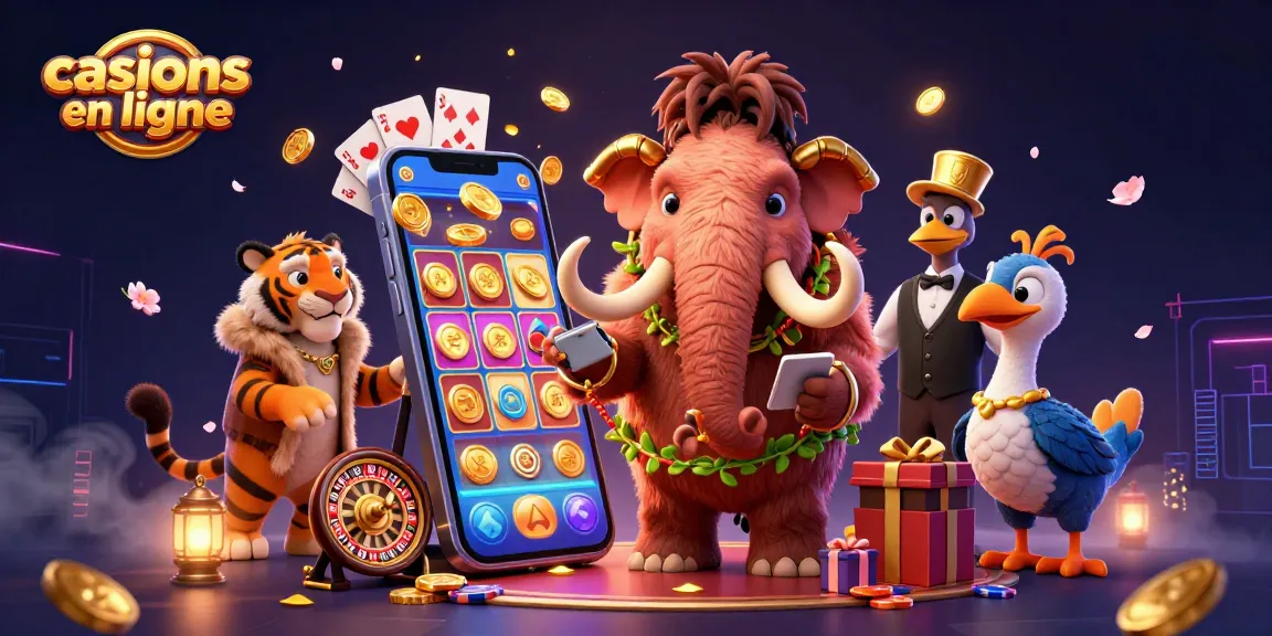 Scène dynamique aux casinos en ligne avec un mammouth videur, un tigre VIP et un dodo portier.