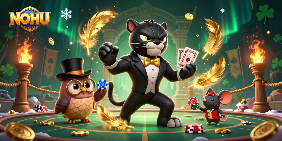 Engage in thrilling poker action with NOHU, featuring a stylish panther dealer, wise owl, and lucky mouse amidst vibrant casino elements.