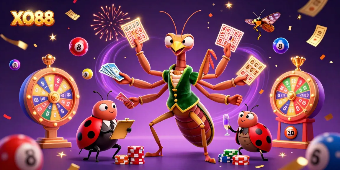 Join the fun at XO88 with our vibrant illustration of a giant mantis dealer amidst an exciting casino backdrop.