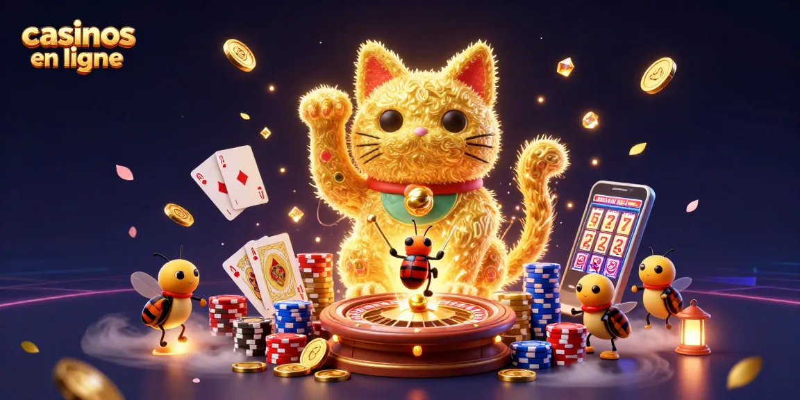 Les casinos en ligne affichent un chat porte-bonheur en feuillage doré, entouré de jetons colorés et de cartes gagnantes.