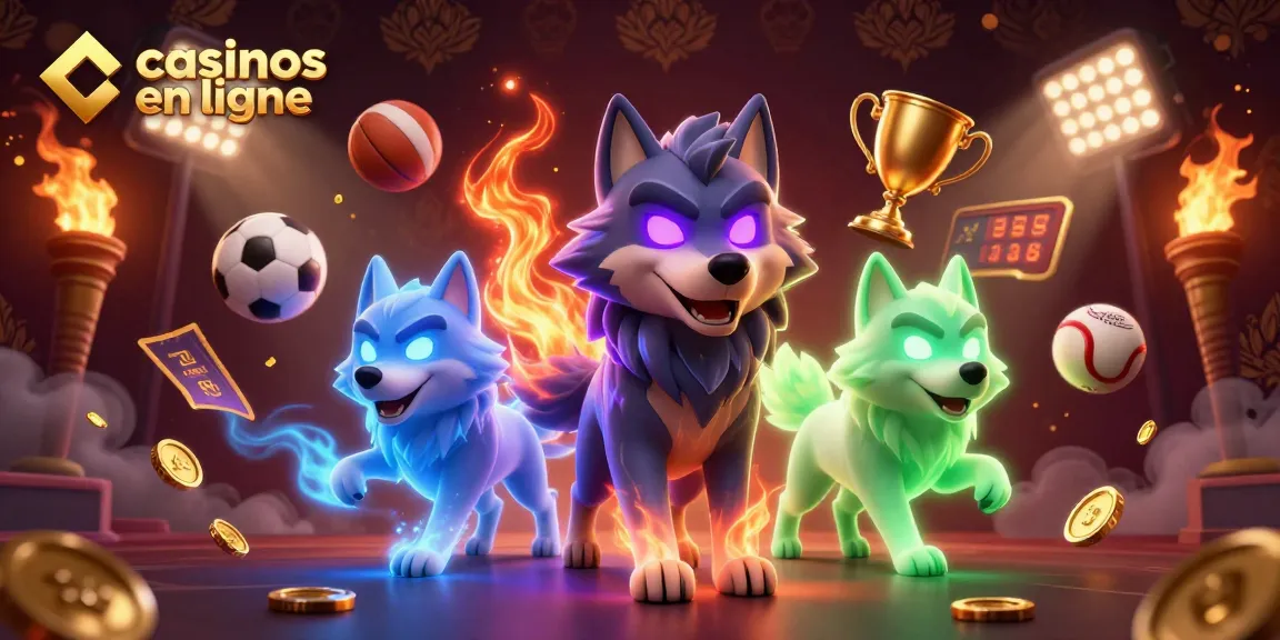 Casinos en ligne : illustration dynamique avec un leader loup et des éléments sportifs flottants.