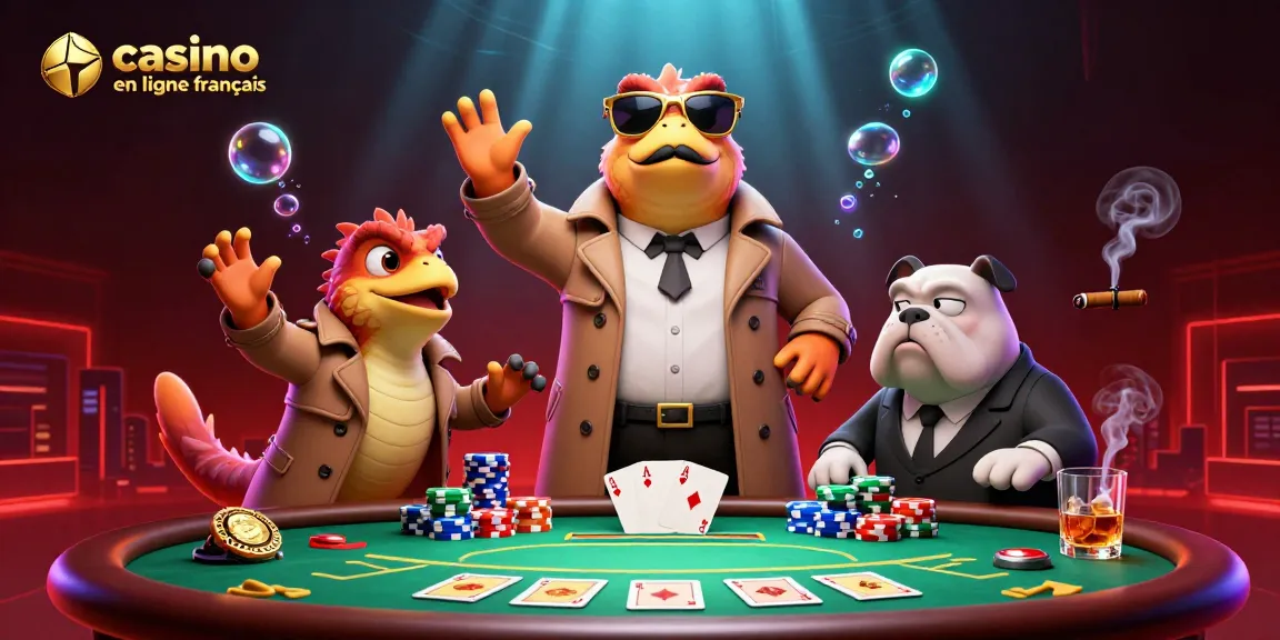 Les raptors en trench-coat feignent d'être des joueurs dans un casino en ligne français, entourés de jetons et d'une table de poker.
