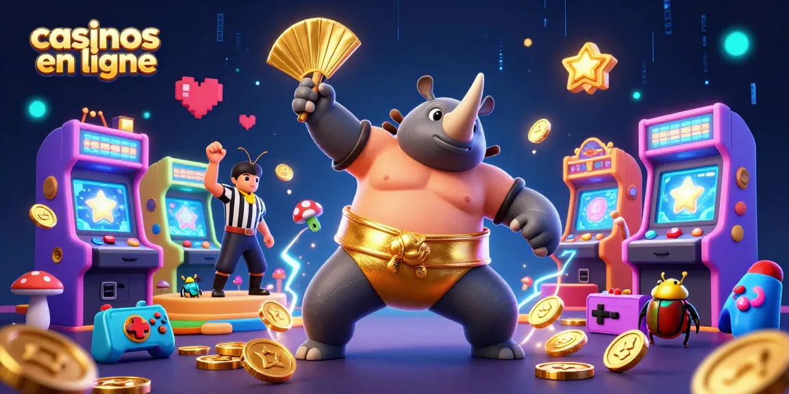 Les casinos en ligne gagnent en énergie avec un champion rhinocéros dans une scène colorée pleine d'animations de jeux.