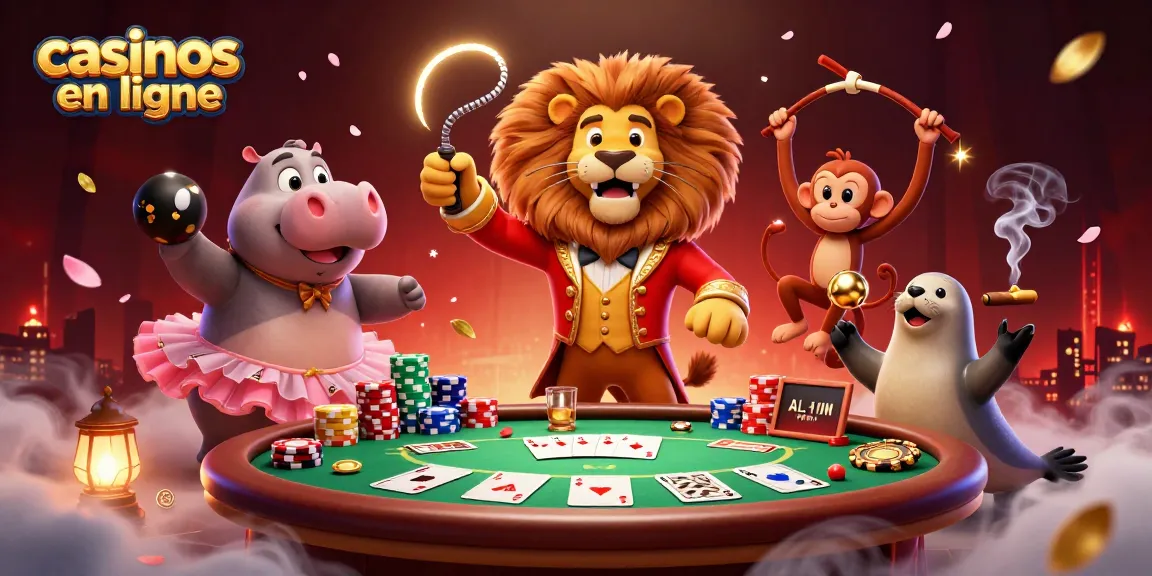 Visualisez des scènes captivantes de casinos en ligne avec un lion majestueux, un hippopotame, un singe et un phoque.