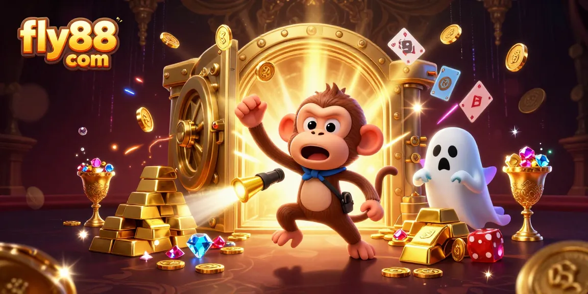Experience the excitement at fly88 com with the mischievous poltergeist monkey juggling golden casino treasures.