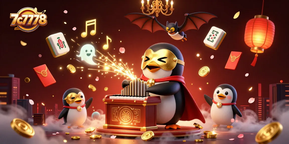Engage with the vibrant 7c7778 casino scene featuring golden coins, a phantom penguin, and festive elements.