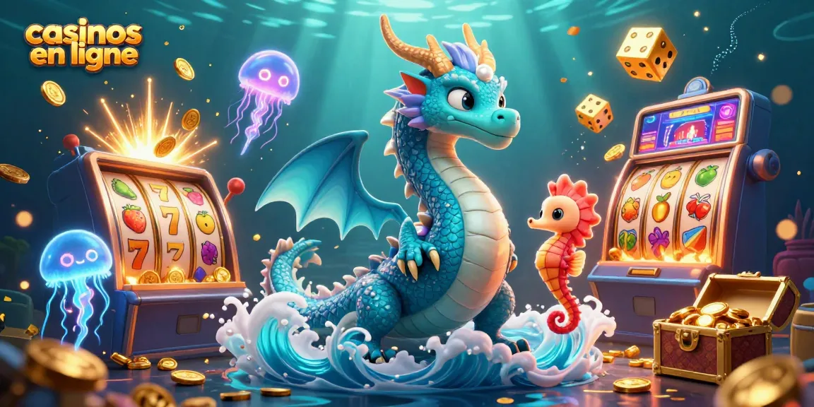 Profitez des casinos en ligne avec un dragon azur et une machine à sous remplie de pièces d'or.
