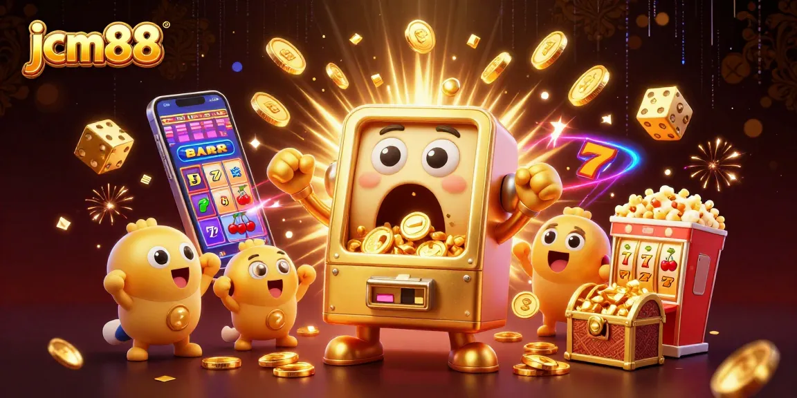 jcm88 jackpot celebration with a golden slot machine, winning coins and exciting gaming elements