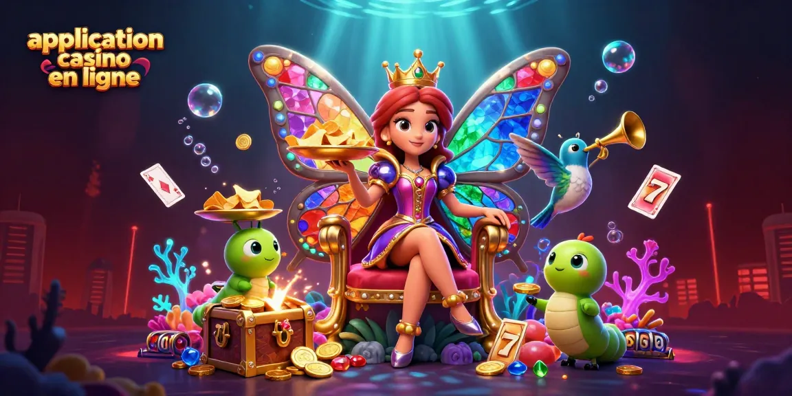 Plongée dans l'application casino en ligne, avec une reine papillon et des éléments de jeu scintillants.