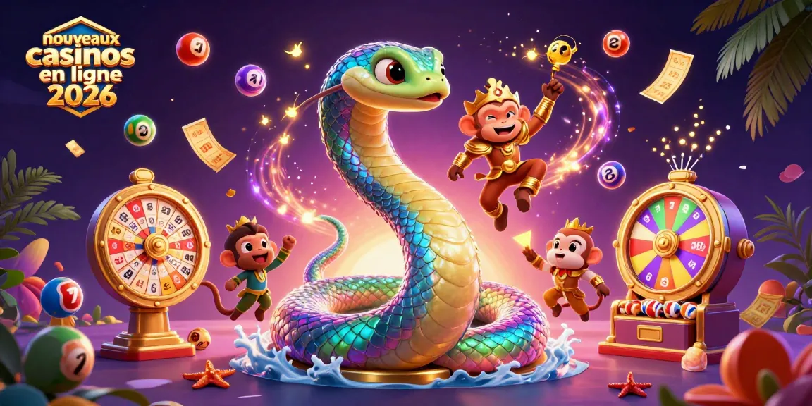 Visitez les nouveaux casinos en ligne 2026 avec une scène animée de loterie et de jeux.
