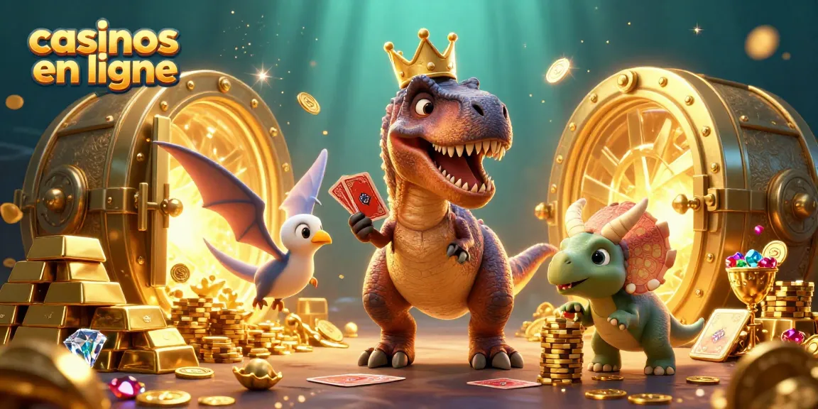 Les jeux de casinos en ligne prennent vie avec un T-Rex et ses amis dans une scène colorée.