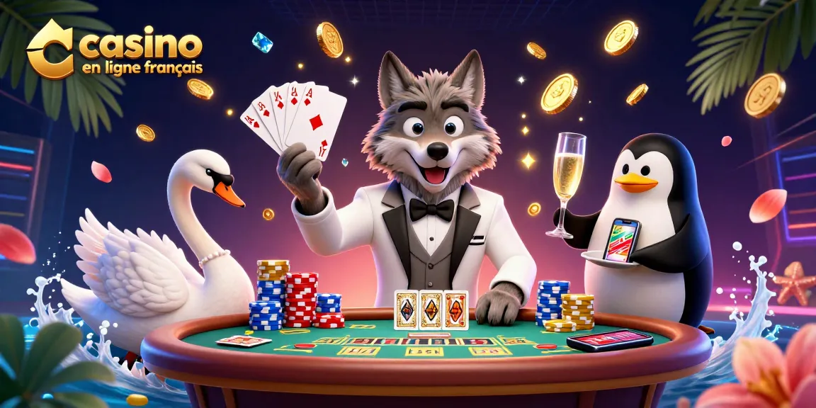 Illustration de casino en ligne français avec un loup élégant, un cygne et un pingouin servant des champagnes.