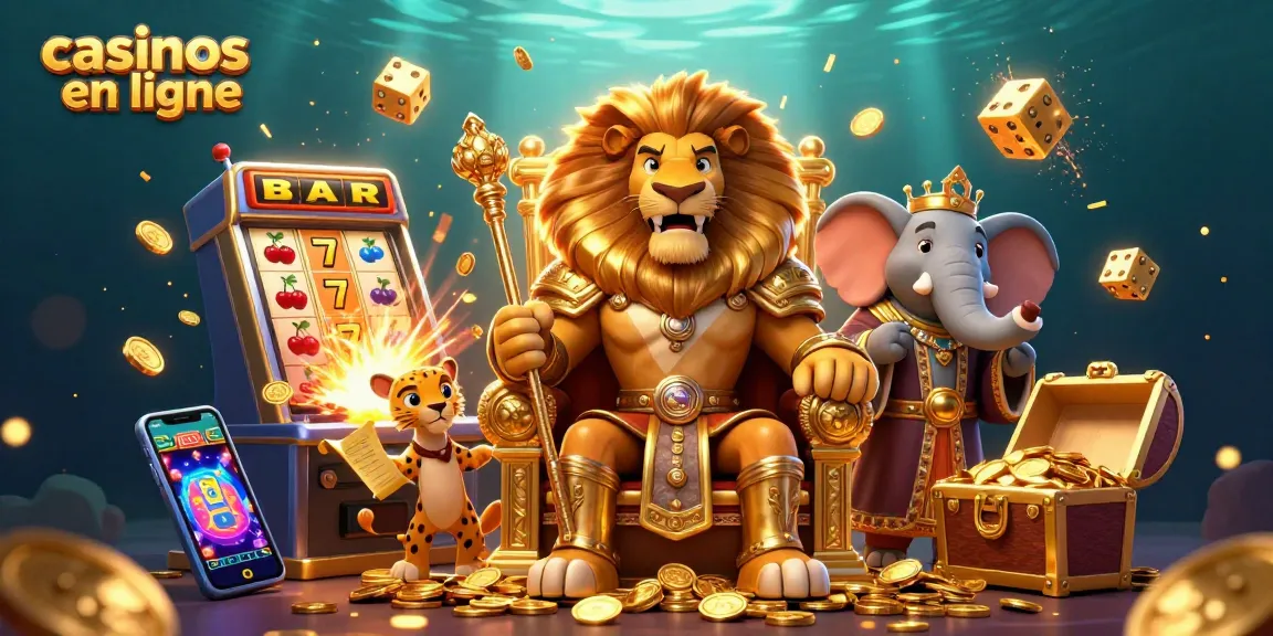 Découvrez les casinos en ligne avec le roi lion, un éléphant sage et un guépard messager, entourés de machines à sous et de trésors.