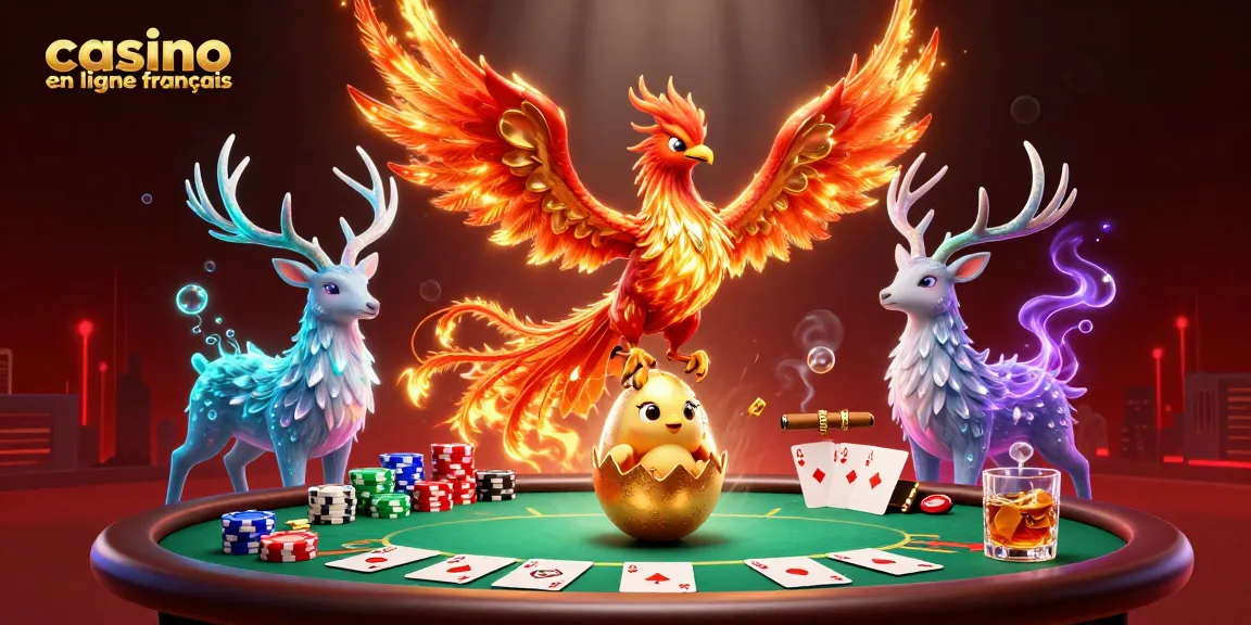 Illustration captivante d'un phoenix de feu sur fond de casino en ligne français avec des éléments de poker.