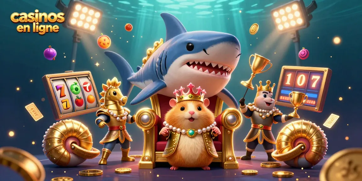Le roi hamster en or sur son trône participe à des casinos en ligne avec des pièces d'or et des machines à sous.