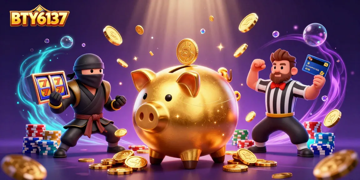 BTY6137 captures a golden piggy bank sumo wrestler amidst cascading coins in a lively casino scene.