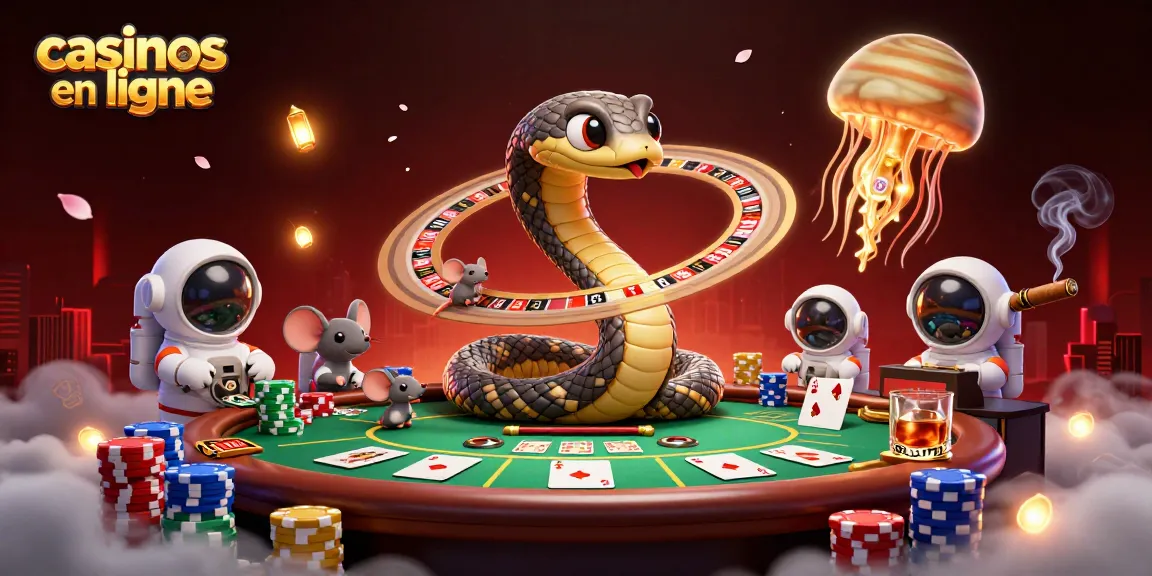 Des astronautes jouent aux casinos en ligne sur les anneaux de Saturne avec un serpent et une méduse dorée.
