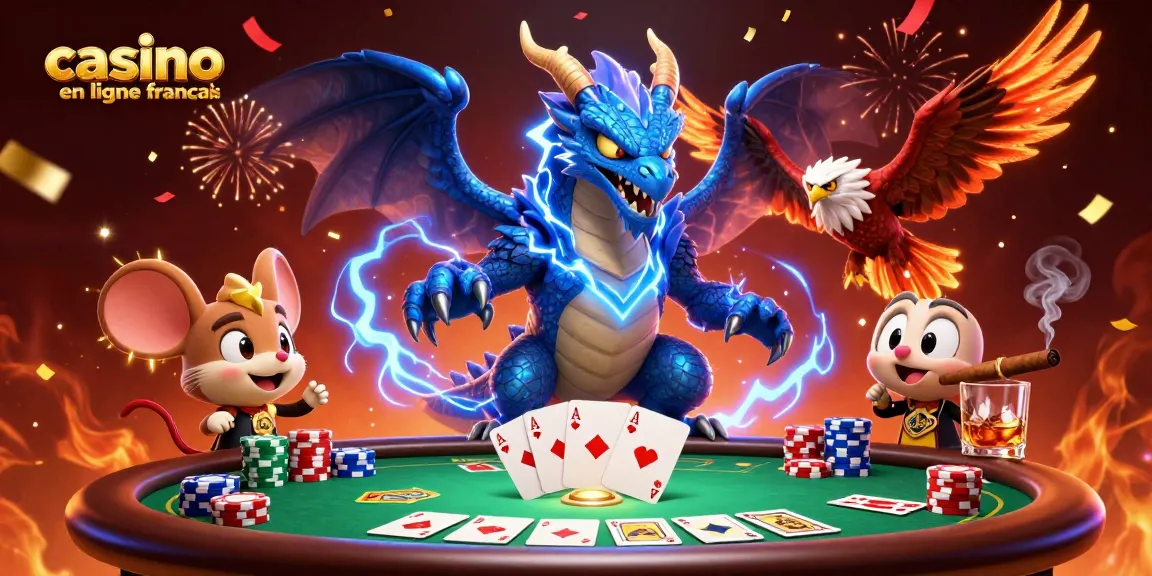 Visualisez la scène d'un casino en ligne français avec un dragon tonnerre et des éléments de poker.