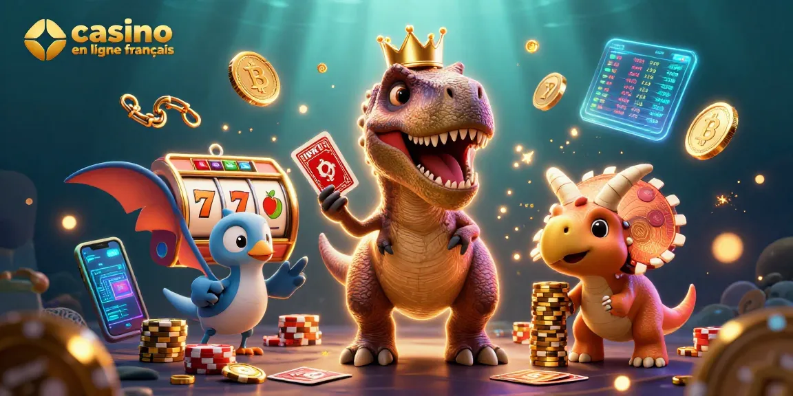 Casino en ligne français avec un T-Rex amusant jouant aux machines à sous entouré de crypto-monnaies scintillantes.