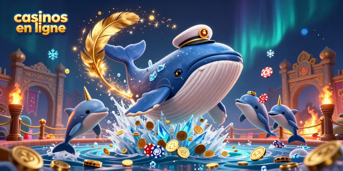 Illustration dynamique de casinos en ligne avec un baleinier 3D, narval et dauphins, entourés de pièces d'or.