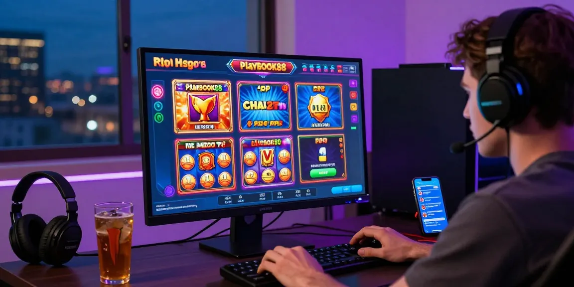 Playbook88 online gaming setup featuring a user engaged with vibrant slot games while enjoying a thrilling atmosphere.