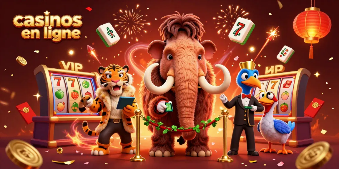 Illustration vibrante de casinos en ligne avec des personnages animés, symboles de jeux et ambiance festive.