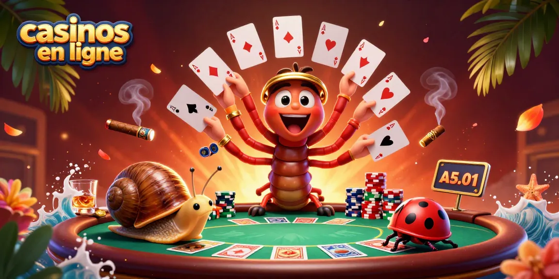 Les casinos en ligne proposent une illustration 3D captivante d'un dealer de poker cartoon, des cartes et des jetons dynamiques.