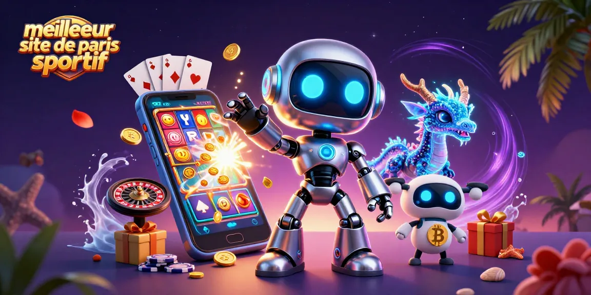 Découvrez le meilleur site de paris sportif 2026, avec un robot mascotte dynamique et un dragon holographique, entourés de jeux de casino.