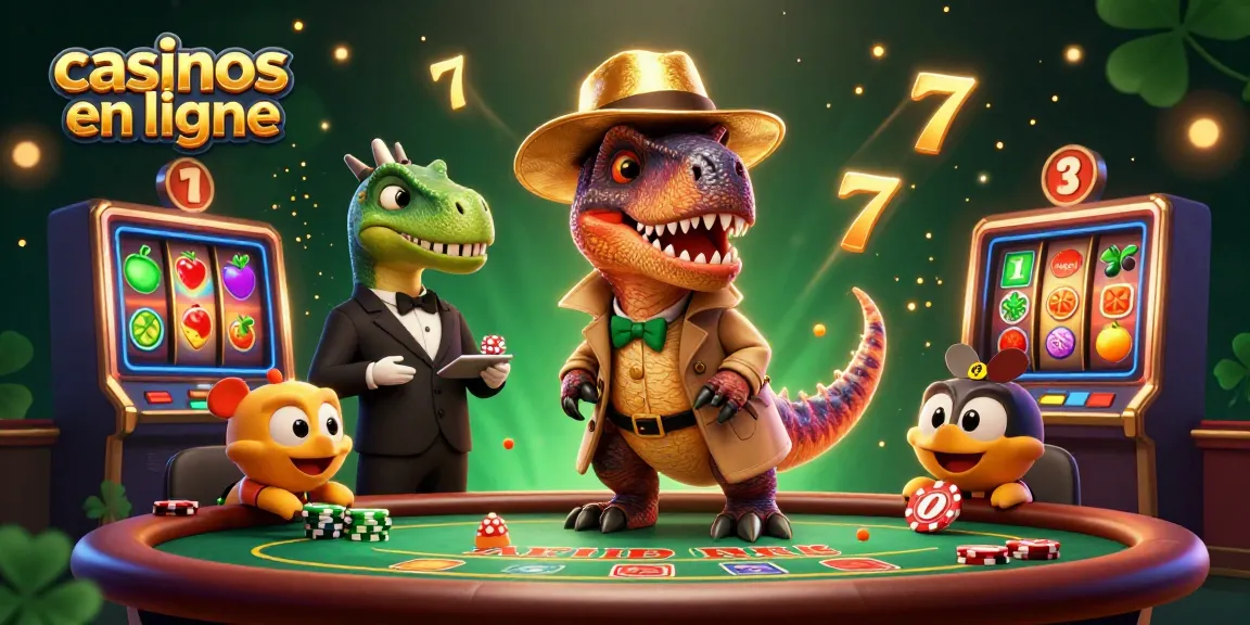 Gagnez aux casinos en ligne avec un velociraptor jouant aux machines à sous, entouré de jackpots et de lumières dorées.