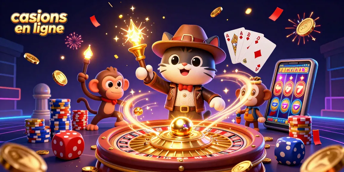 Illustration colorée d'un chat archéologue avec un singe, découvrant un artefact de casinos en ligne.