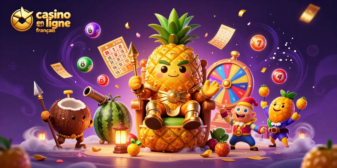Illustration 3D d'un roi ananas doré dans un casino représentant le thème des jeux de hasard casino en ligne français.