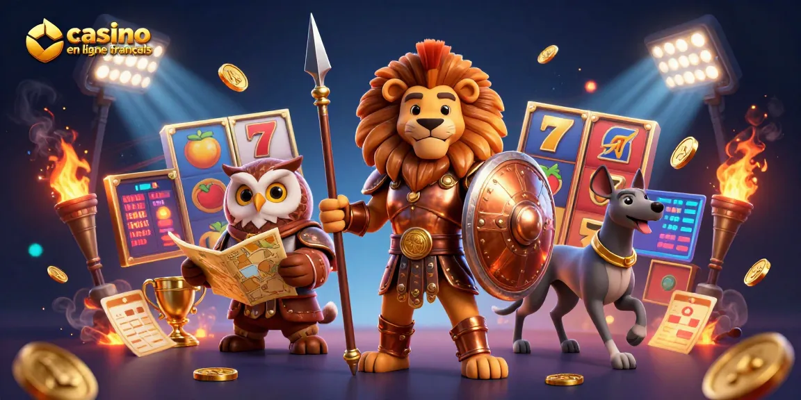 Capturer l'excitation du casino en ligne français avec un lion Spartan et des éléments de jeu dynamiques.