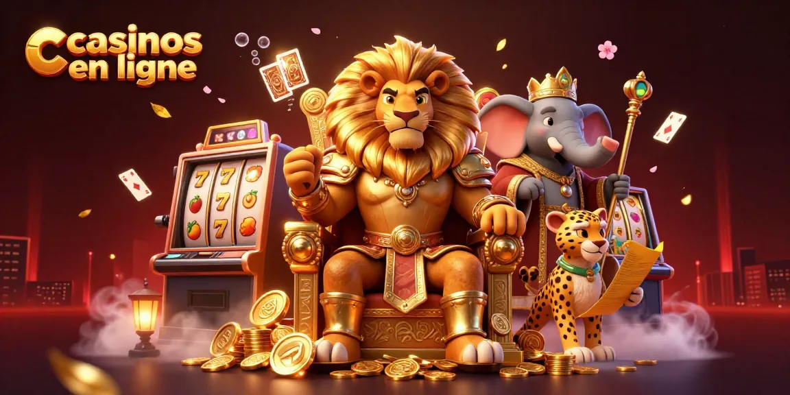 Jouer aux jeux des casinos en ligne avec un lion roi en 3D entouré de machines à sous et de cartes.