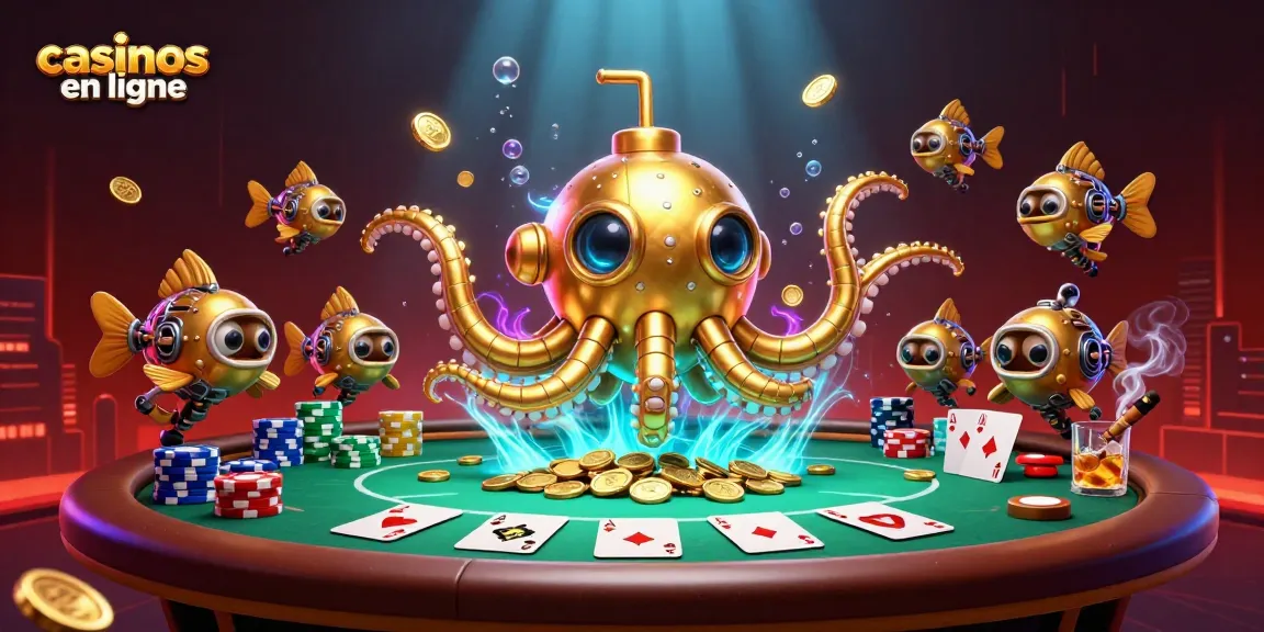 Profitez des casinos en ligne avec un kraken doré et des cartes de poker dans une scène dynamique.