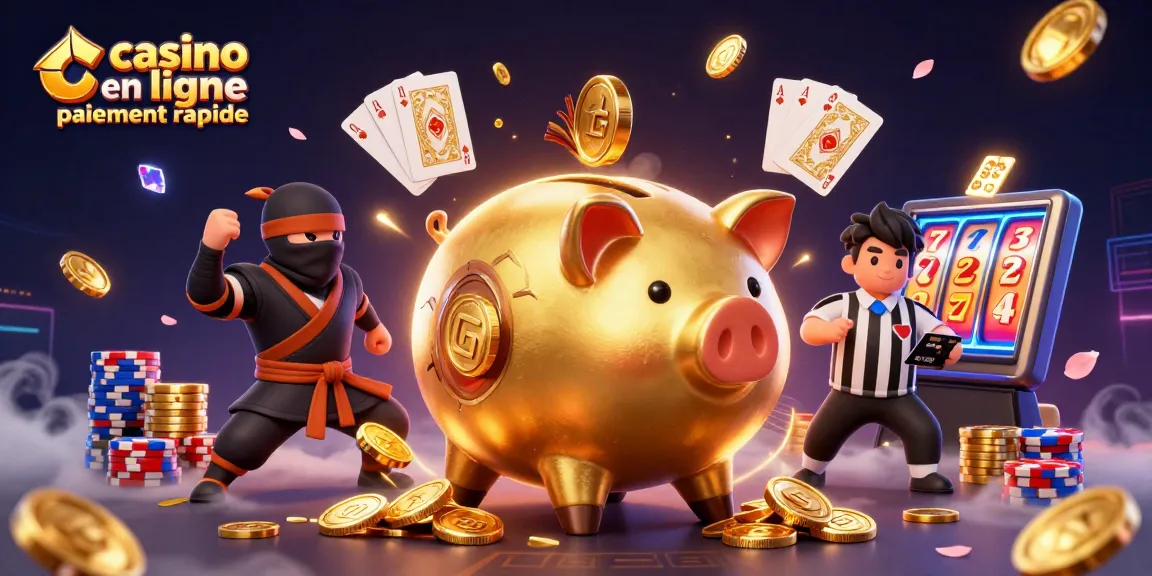 Un banco en or et des samouraïs dans une scène dynamique avec casino en ligne paiement rapide.