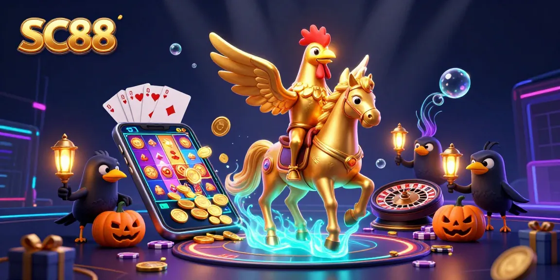 Experience exciting casino gaming with SC88 as the golden rooster gallops through a vibrant casino scene.