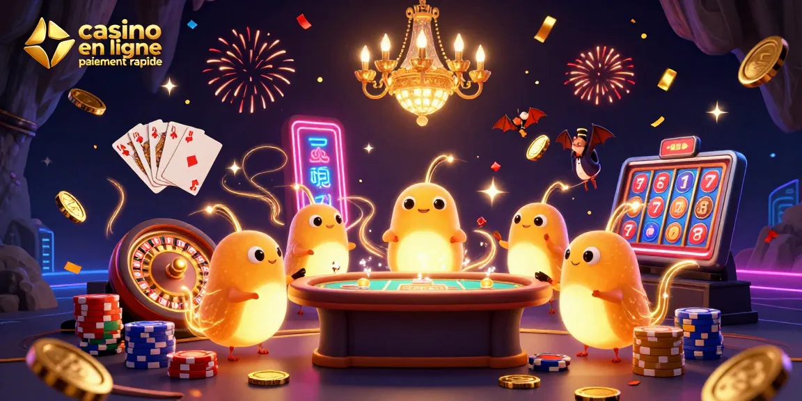 Visualisez le jeu dynamique au casino en ligne à paiement rapide avec des vers luisants illuminant l'intérieur.
