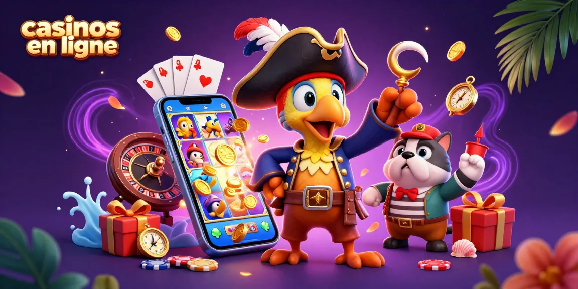 Gagnez aux casinos en ligne avec une scène animée de personnages de pirates, téléphones et jeux.