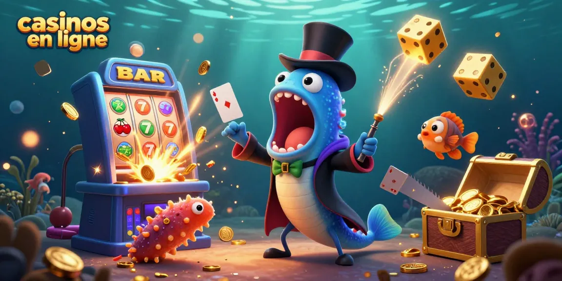 Illustration vibrante des casinos en ligne avec un poisson lueur et un anguille goulue jouant aux cartes.