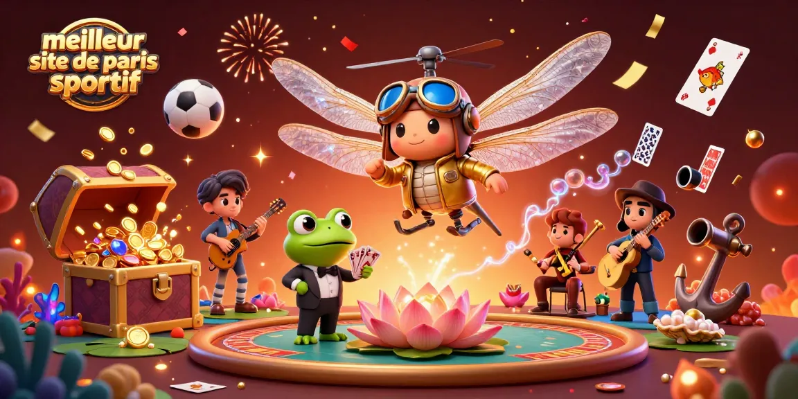 Meilleur site de paris sportif illustré avec un pilote hélicoptère, croupier grenouille et musiciens. Jeu dynamique!